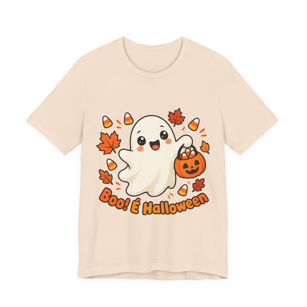 T-shirt Halloween Fantasma Fofo, Boo e Halloween, Doces Candy Corn, Design Duplo Frente e Verso