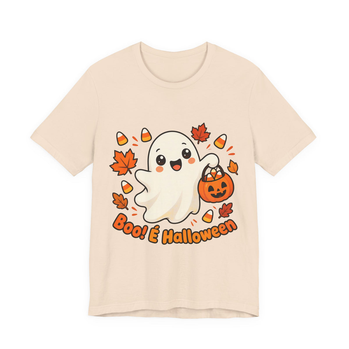 T-shirt Halloween Fantasma Fofo, Boo e Halloween, Doces Candy Corn, Design Duplo Frente e Verso