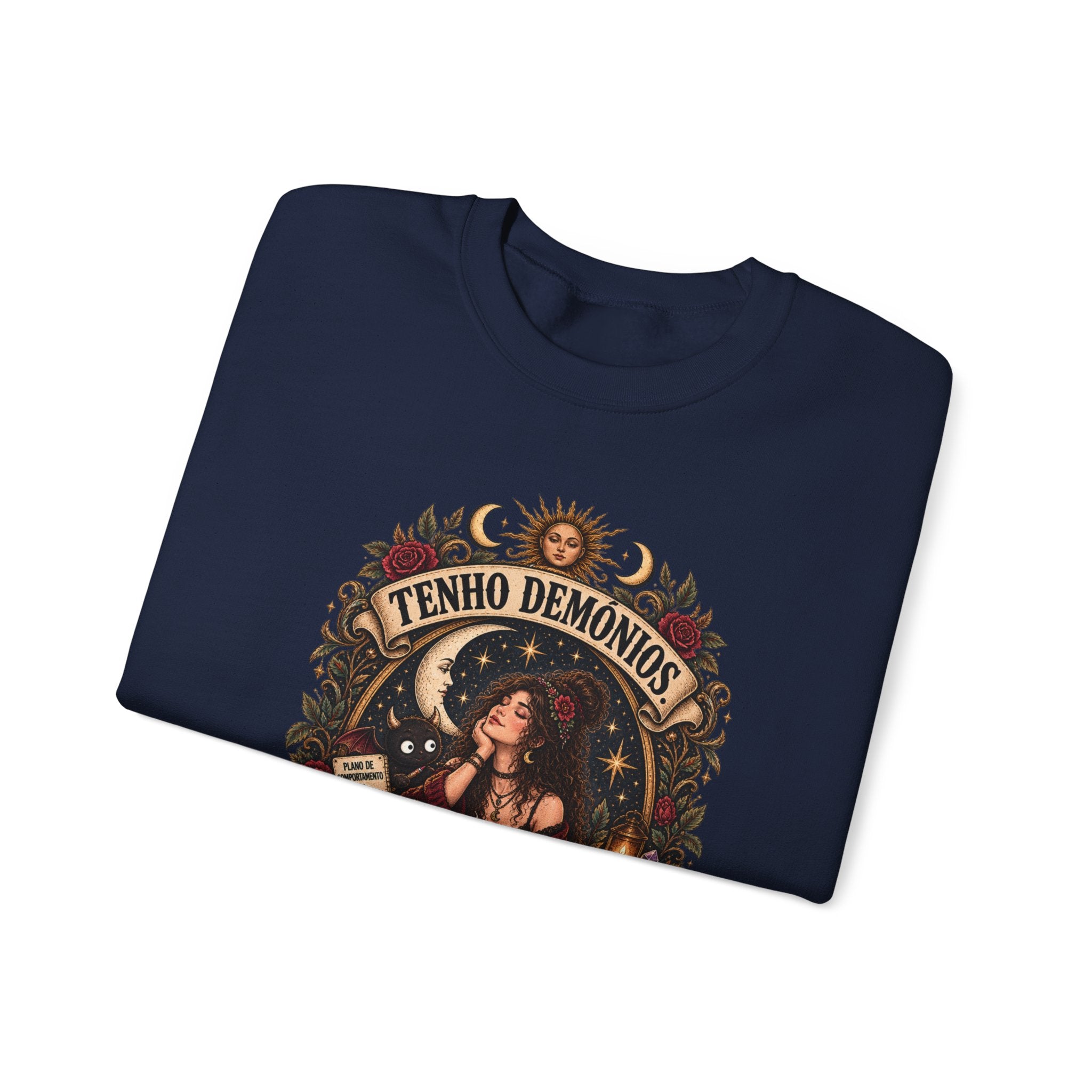 Crewneck Sweatshirt — 'Tenho Demônios Mas Estão Em Terapia' Witchy Occult Graphic