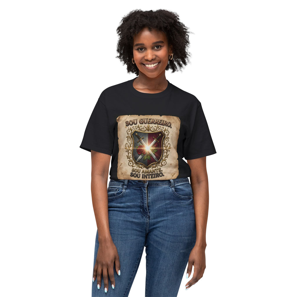 T-Shirt — 'Sou Guerreiro, Sou Amante, Sou Inteiro' Vintage Shield Graphic