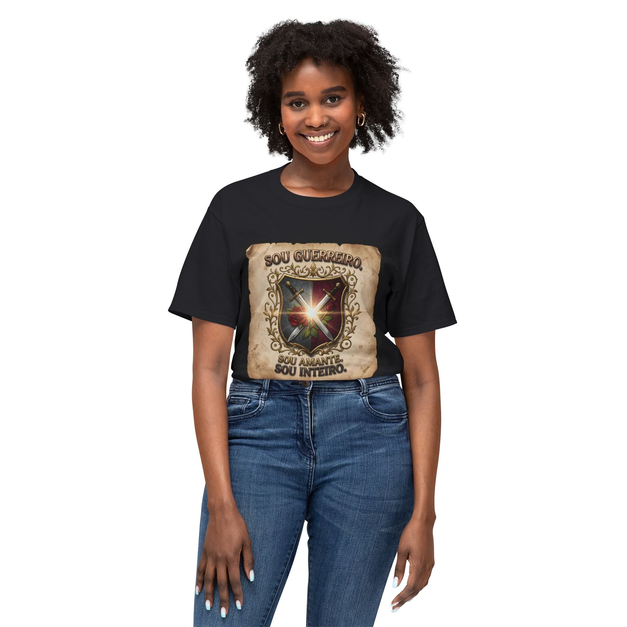 T-Shirt — 'Sou Guerreiro, Sou Amante, Sou Inteiro' Vintage Shield Graphic
