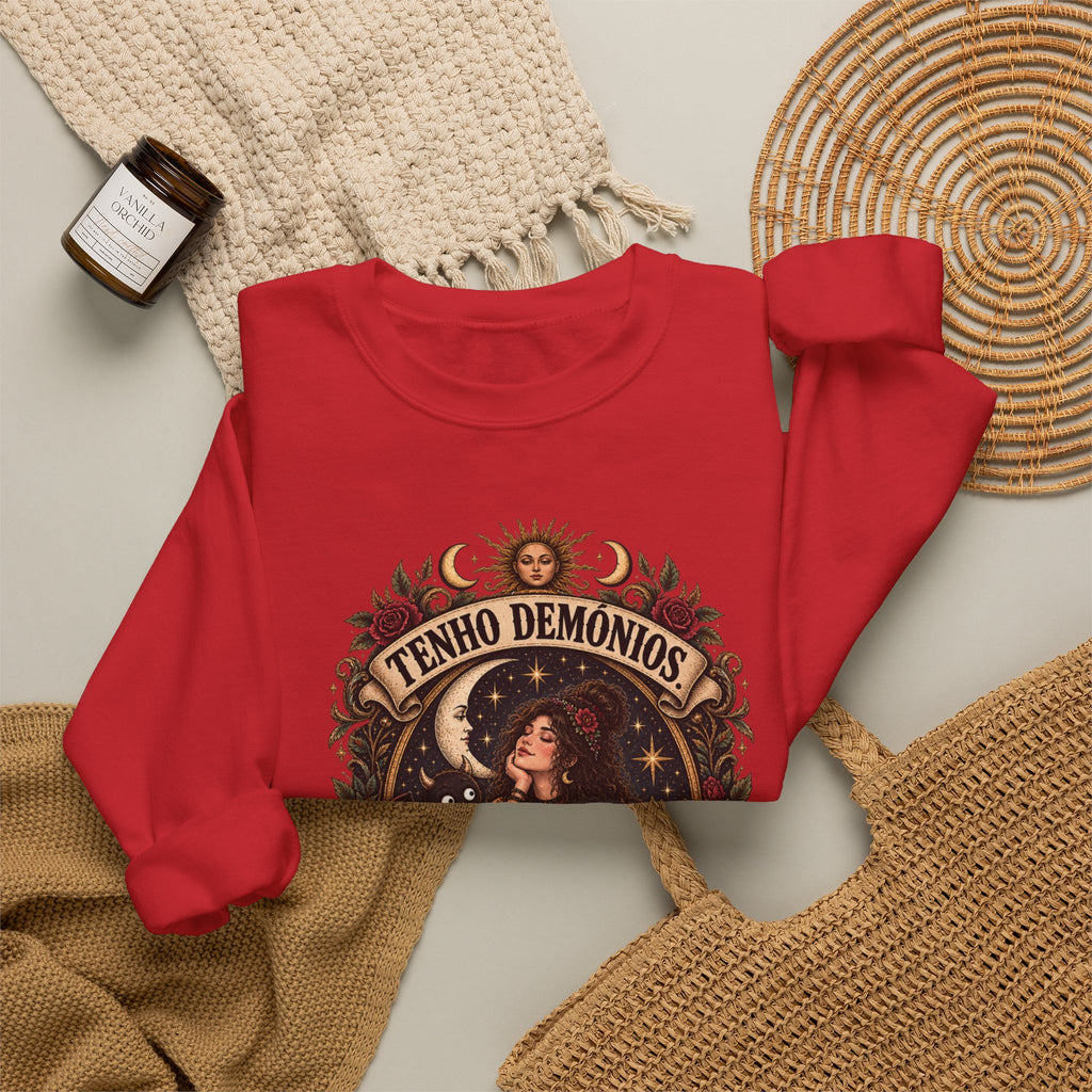 Crewneck Sweatshirt — 'Tenho Demônios Mas Estão Em Terapia' Witchy Occult Graphic