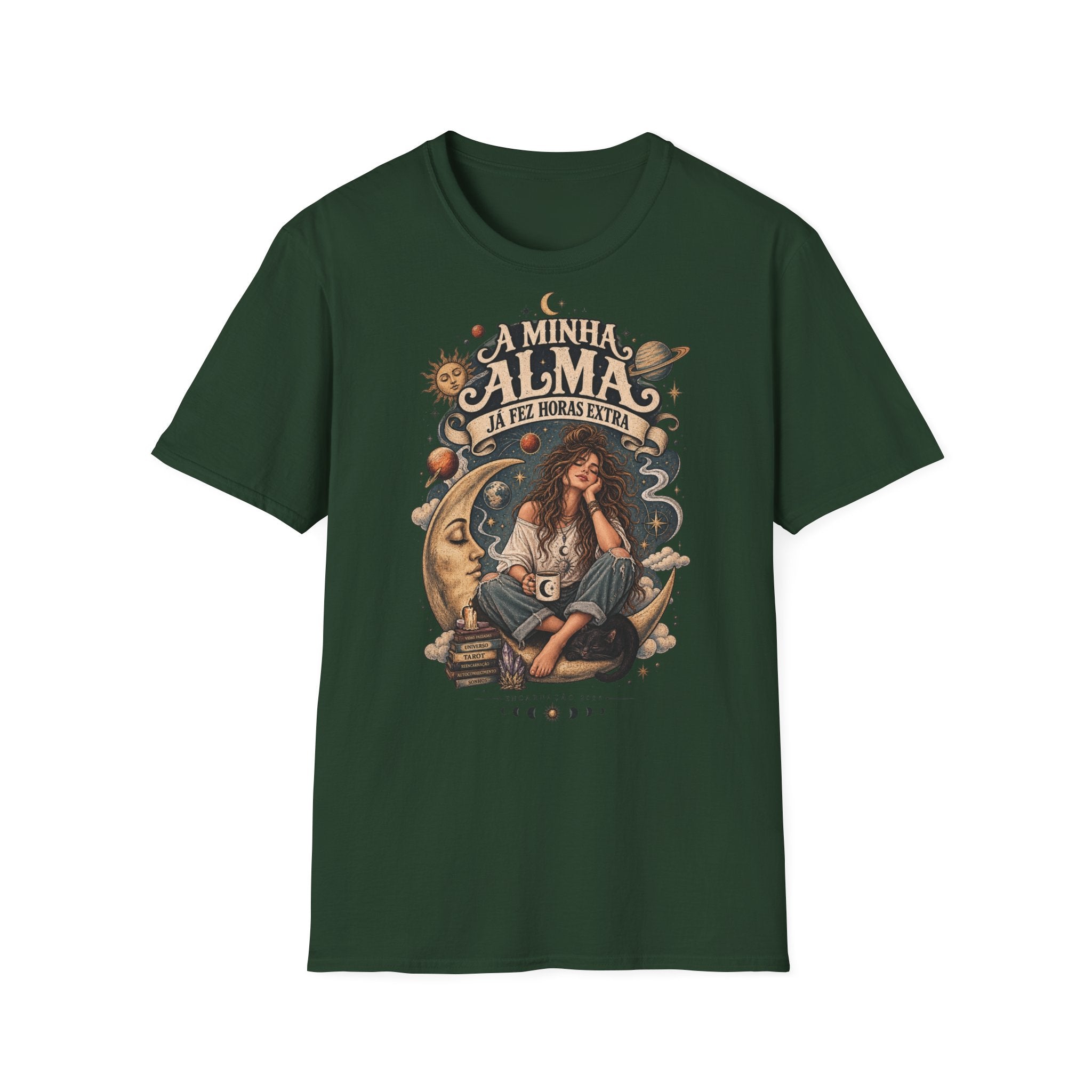A Minha Calma T-Shirt — Portuguese 'My Calm Gives Me Extra Hours' Boho Celestial Tee