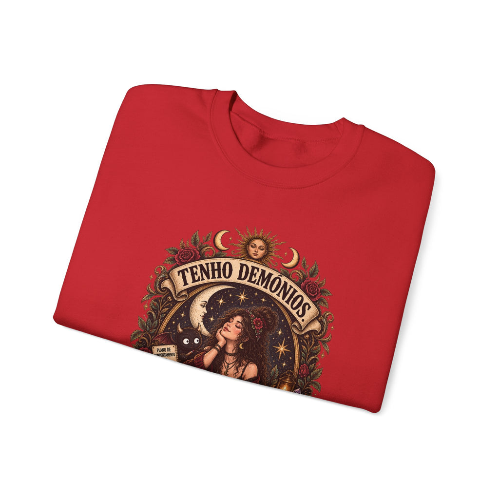 Crewneck Sweatshirt — 'Tenho Demônios Mas Estão Em Terapia' Witchy Occult Graphic