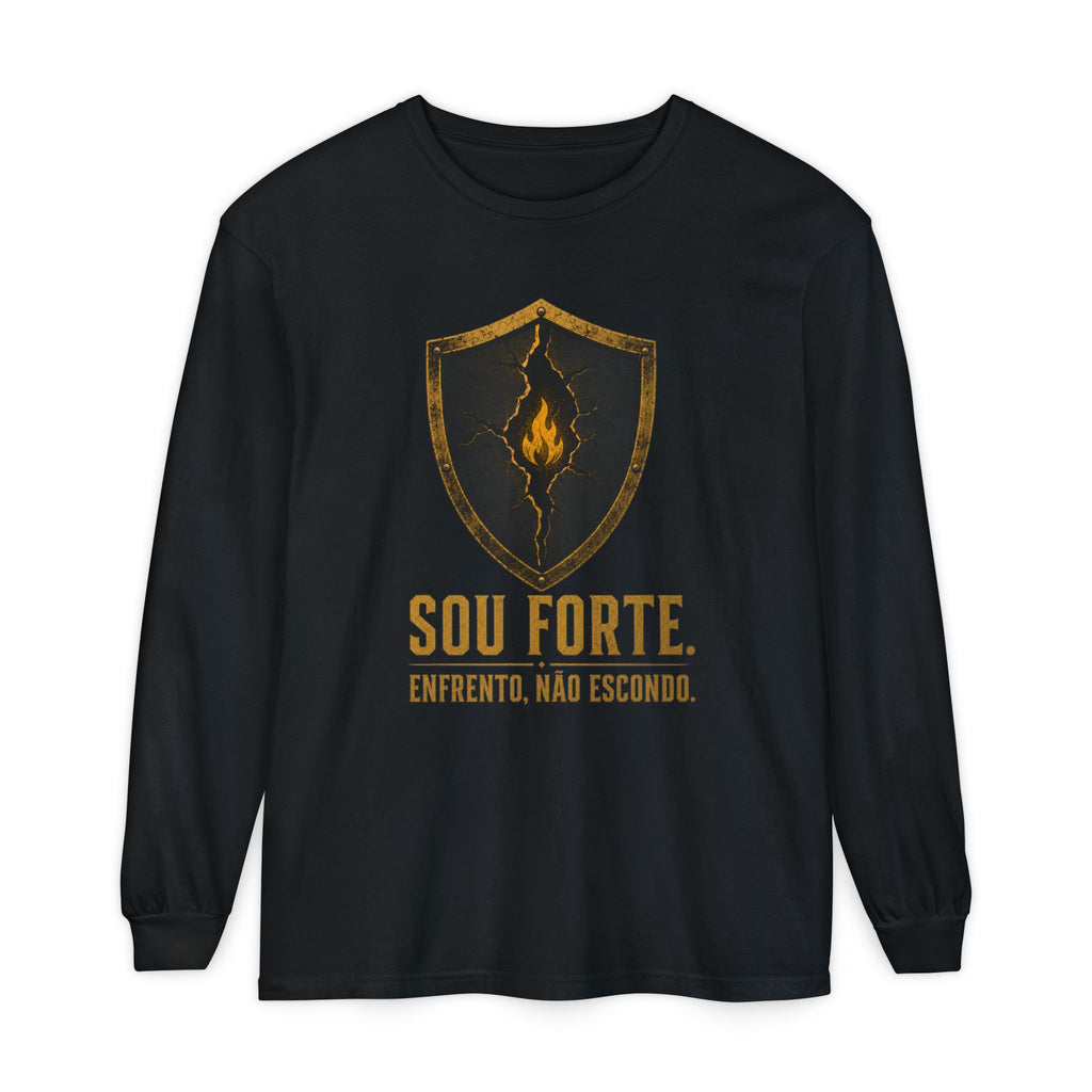 Strength Shield Long Sleeve Tee — "Sou Forte. Enfrento, Não Escondo." (Portuguese Inspiration)
