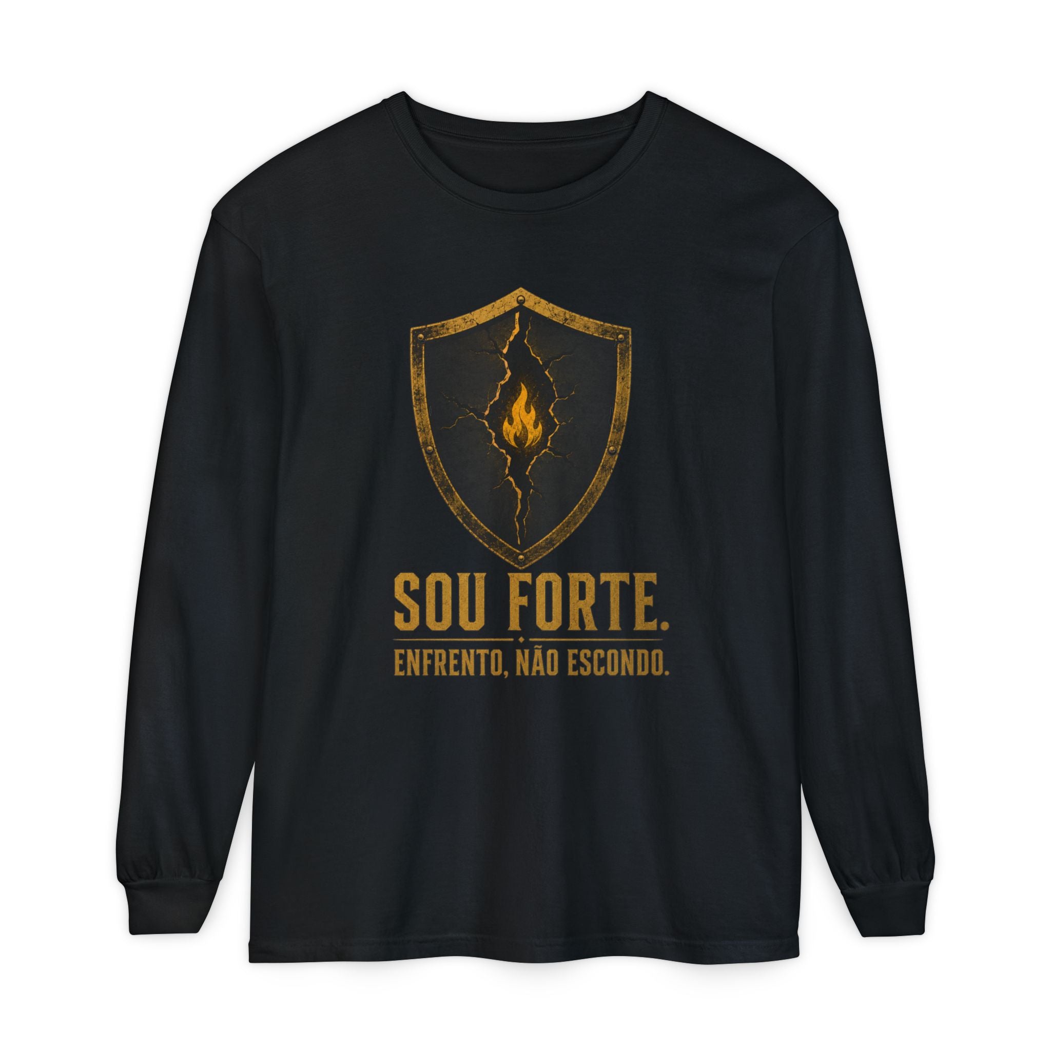 Strength Shield Long Sleeve Tee — "Sou Forte. Enfrento, Não Escondo." (Portuguese Inspiration)