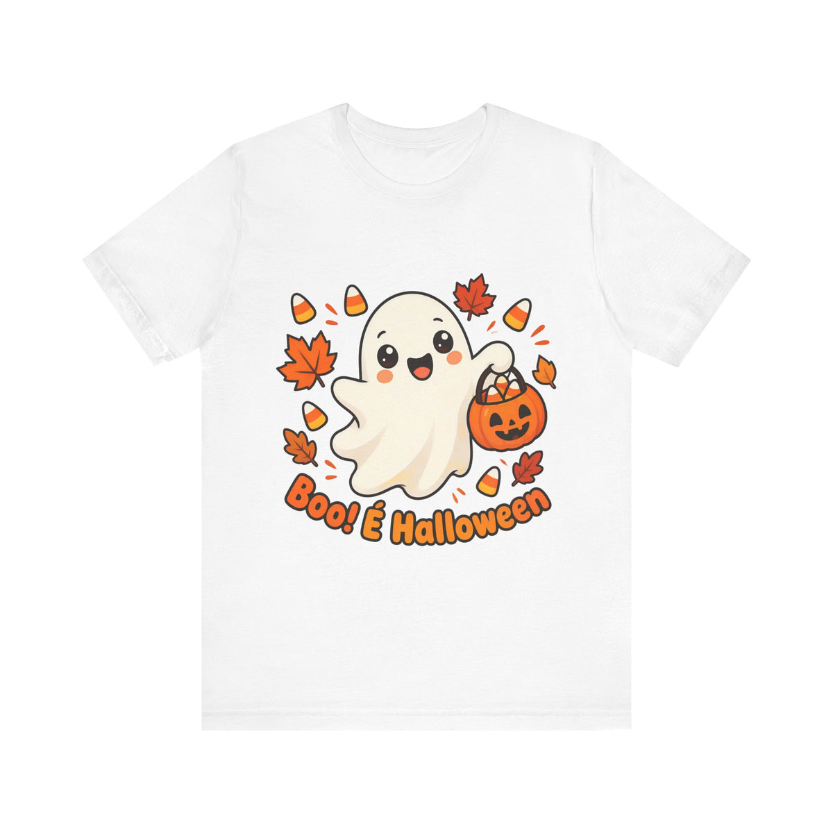 T-shirt Halloween Fantasma Fofo, Boo e Halloween, Doces Candy Corn, Design Duplo Frente e Verso