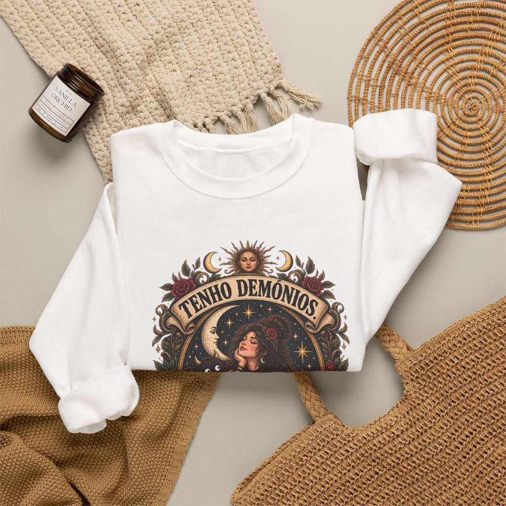 Crewneck Sweatshirt — 'Tenho Demônios Mas Estão Em Terapia' Witchy Occult Graphic