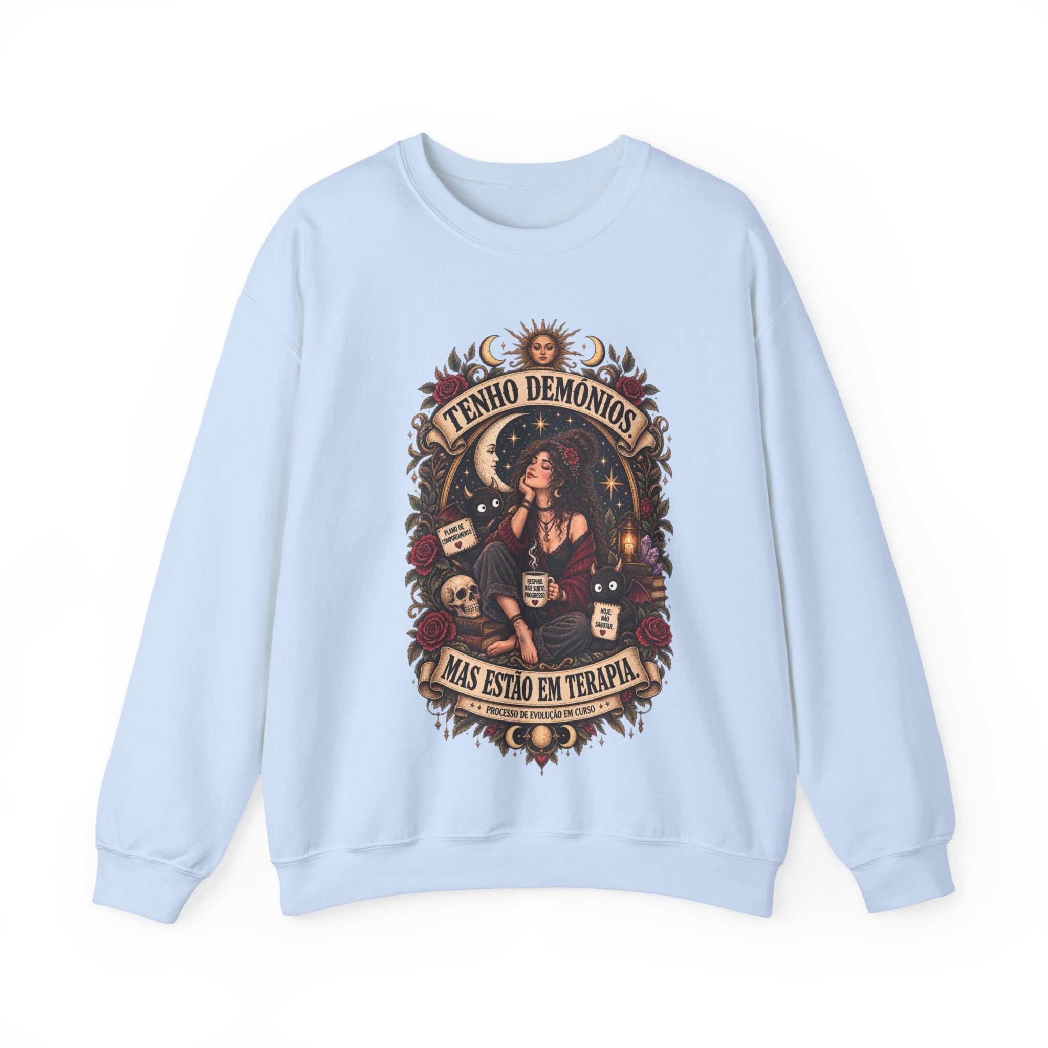 Crewneck Sweatshirt — 'Tenho Demônios Mas Estão Em Terapia' Witchy Occult Graphic