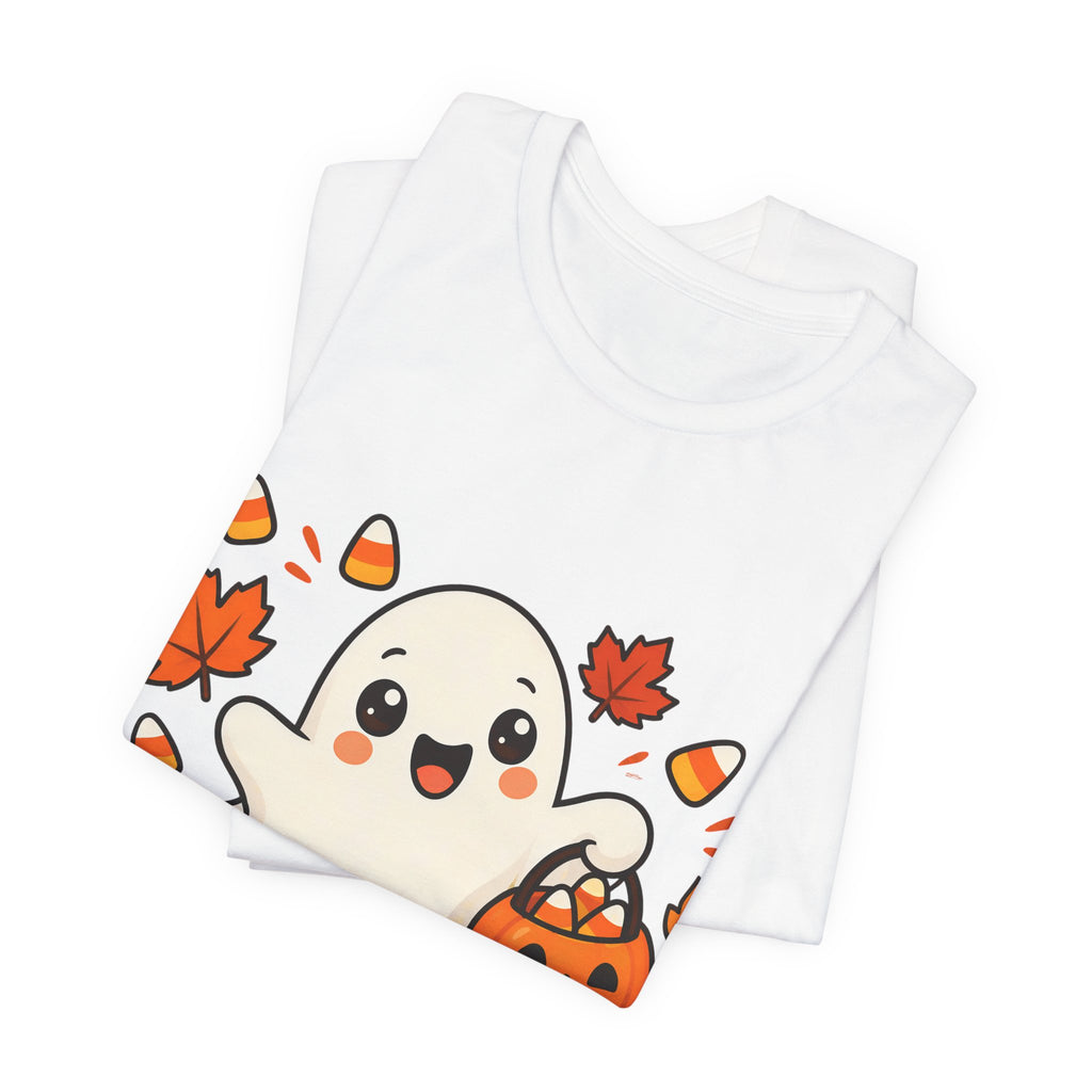 T-shirt Halloween Fantasma Fofo, Boo e Halloween, Doces Candy Corn, Design Duplo Frente e Verso