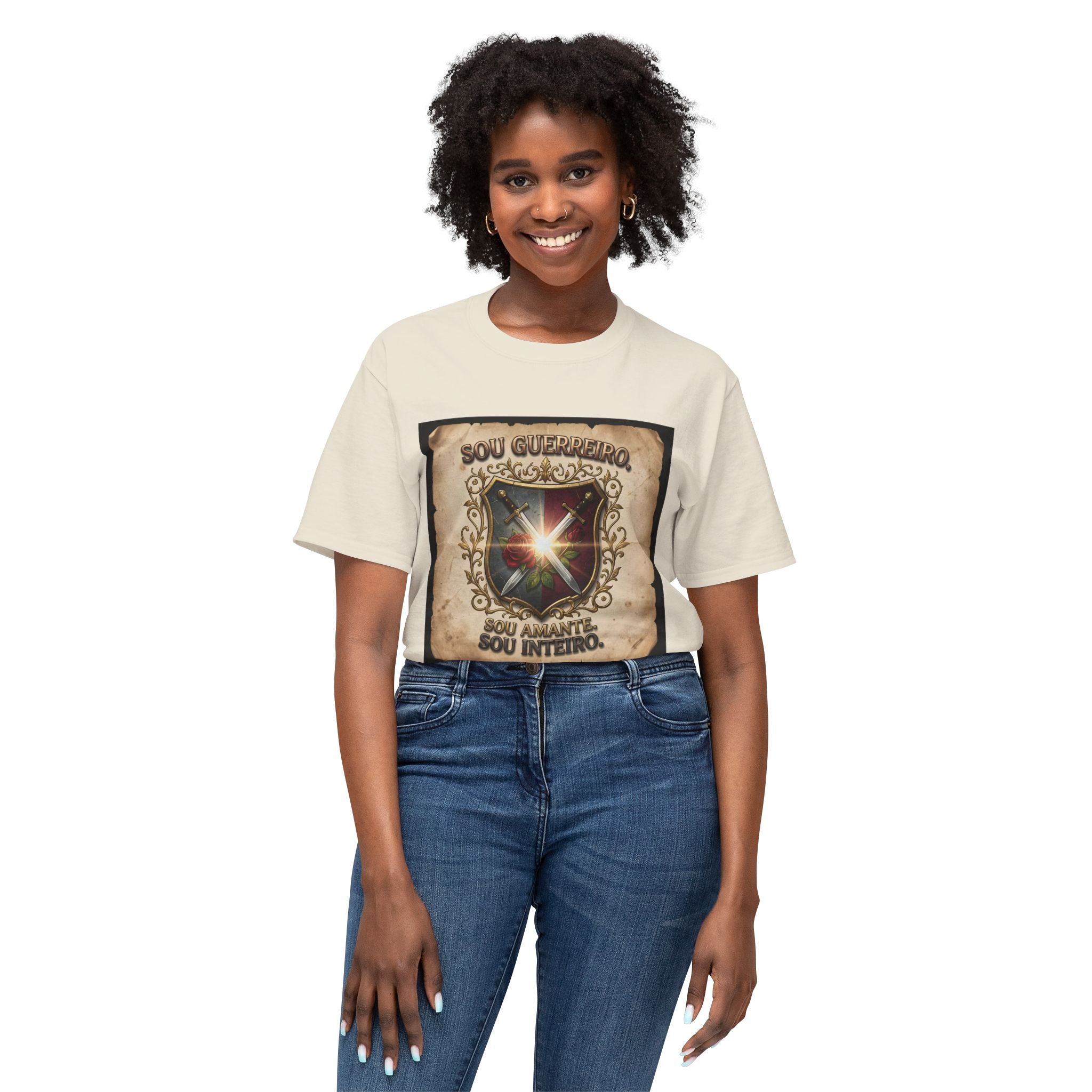 T-Shirt — 'Sou Guerreiro, Sou Amante, Sou Inteiro' Vintage Shield Graphic