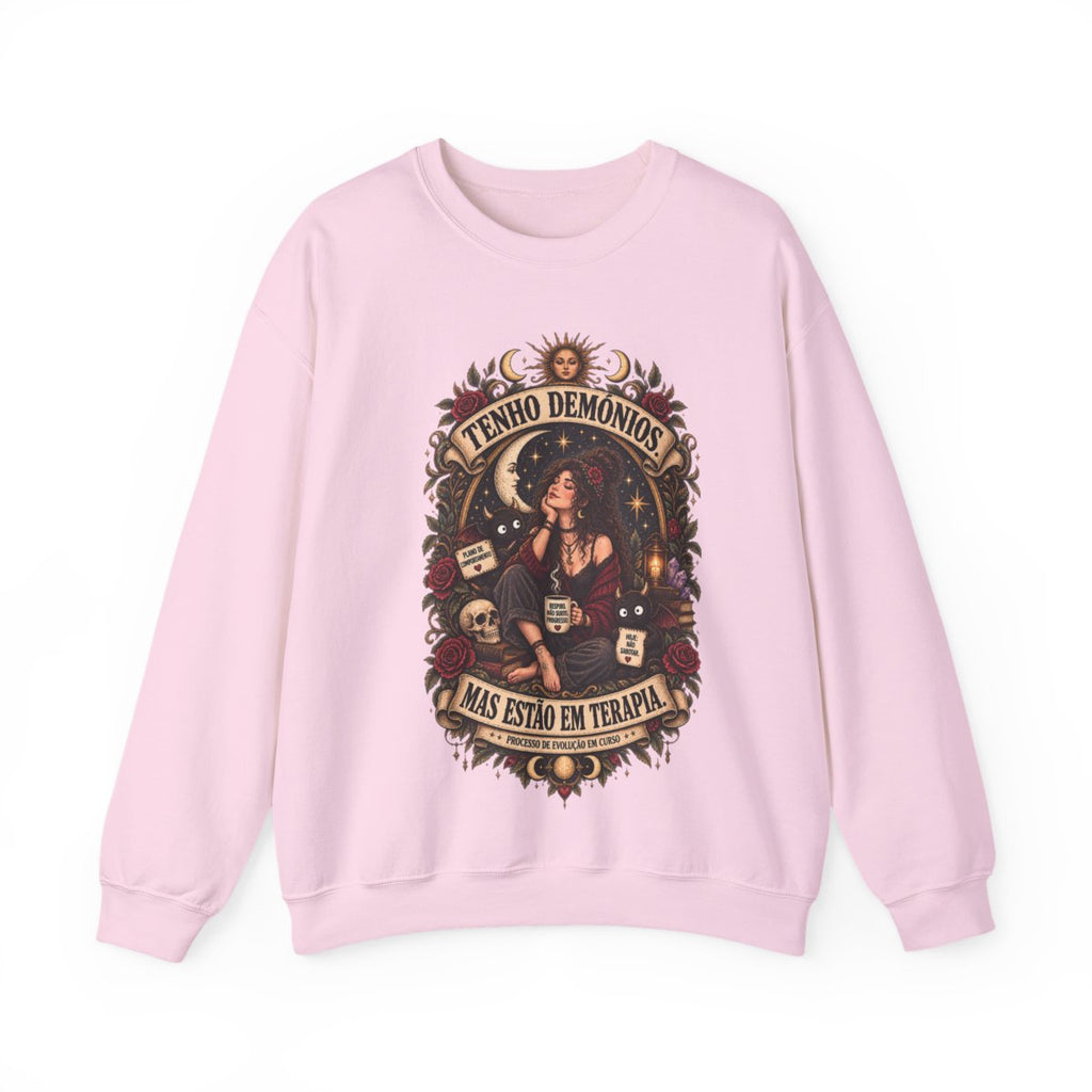 Crewneck Sweatshirt — 'Tenho Demônios Mas Estão Em Terapia' Witchy Occult Graphic