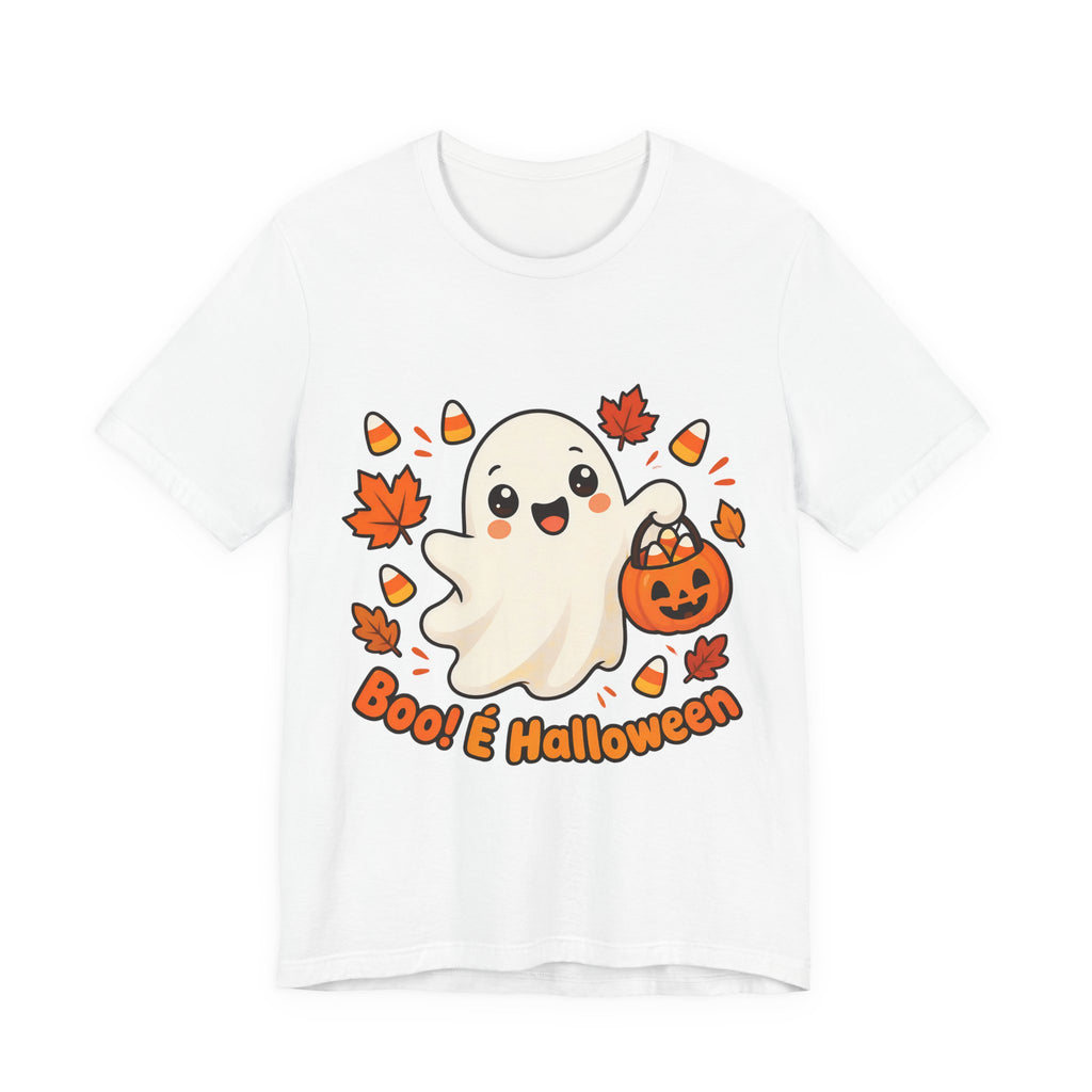 T-shirt Halloween Fantasma Fofo, Boo e Halloween, Doces Candy Corn, Design Duplo Frente e Verso