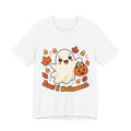 T-shirt Halloween Fantasma Fofo, Boo e Halloween, Doces Candy Corn, Design Duplo Frente e Verso
