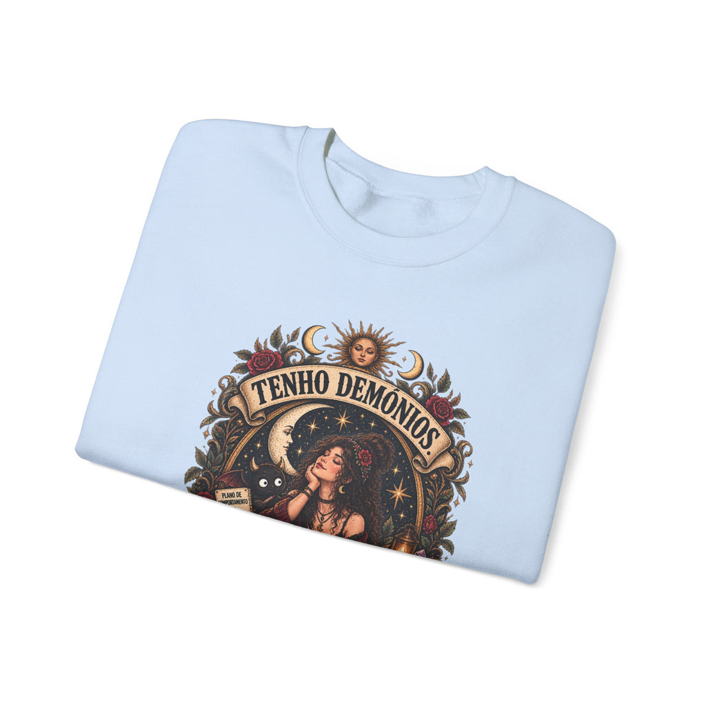 Crewneck Sweatshirt — 'Tenho Demônios Mas Estão Em Terapia' Witchy Occult Graphic