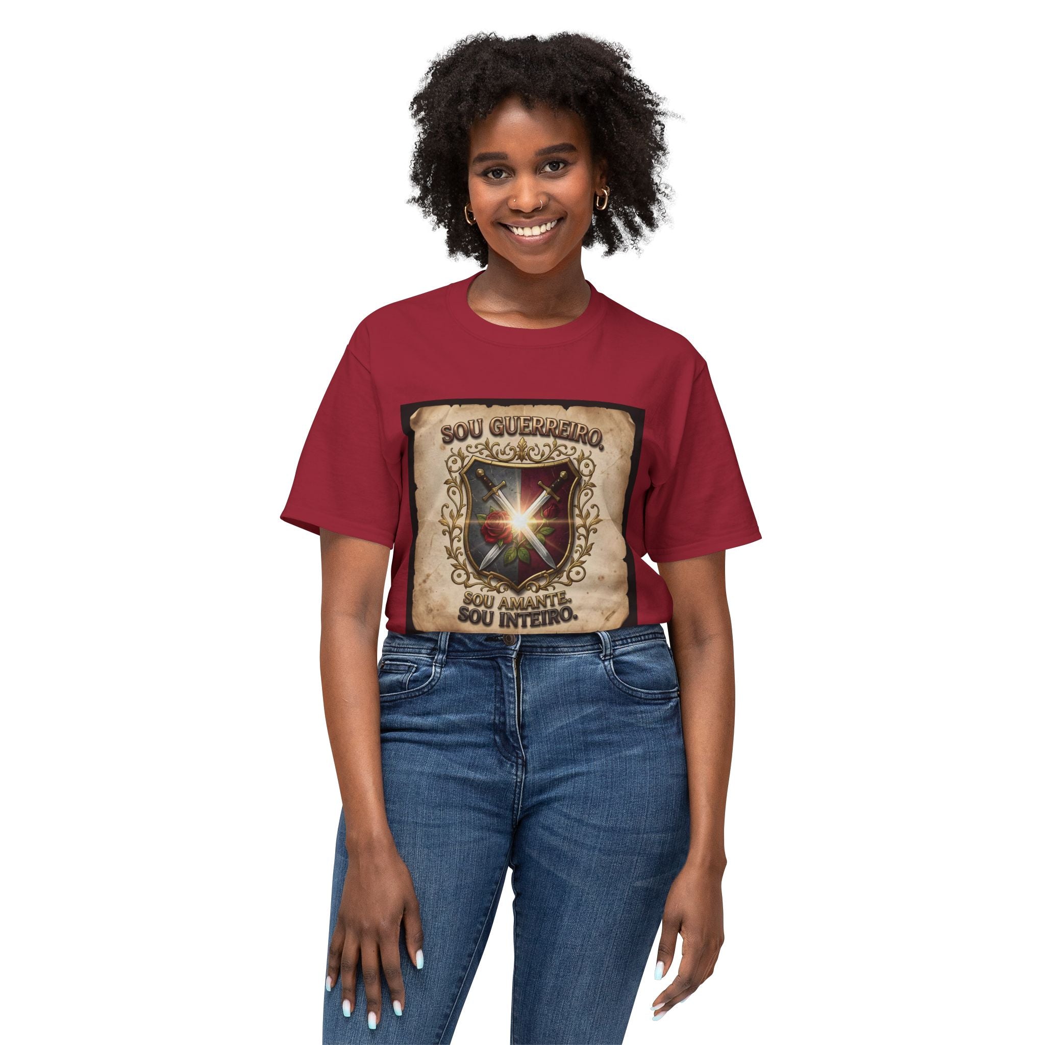 T-Shirt — 'Sou Guerreiro, Sou Amante, Sou Inteiro' Vintage Shield Graphic