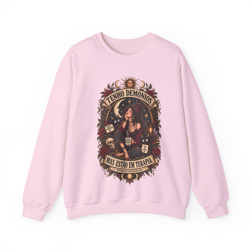 Crewneck Sweatshirt — 'Tenho Demônios Mas Estão Em Terapia' Witchy Occult Graphic