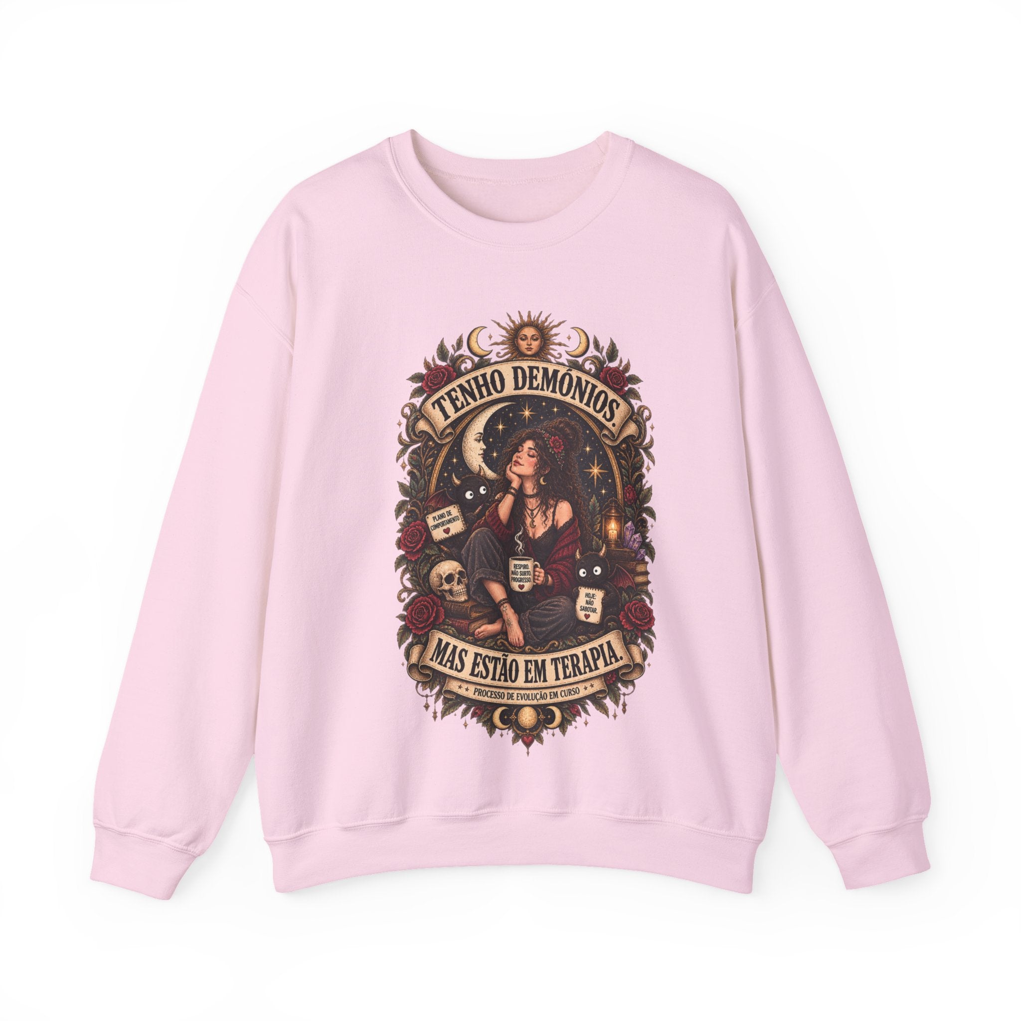 Crewneck Sweatshirt — 'Tenho Demônios Mas Estão Em Terapia' Witchy Occult Graphic