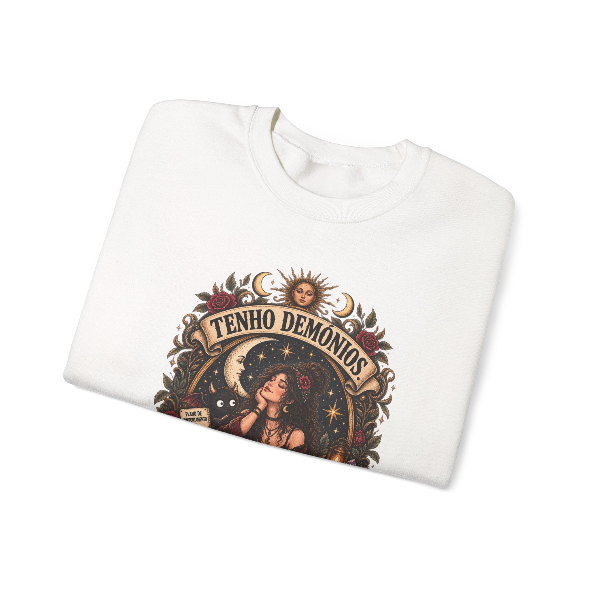 Crewneck Sweatshirt — 'Tenho Demônios Mas Estão Em Terapia' Witchy Occult Graphic