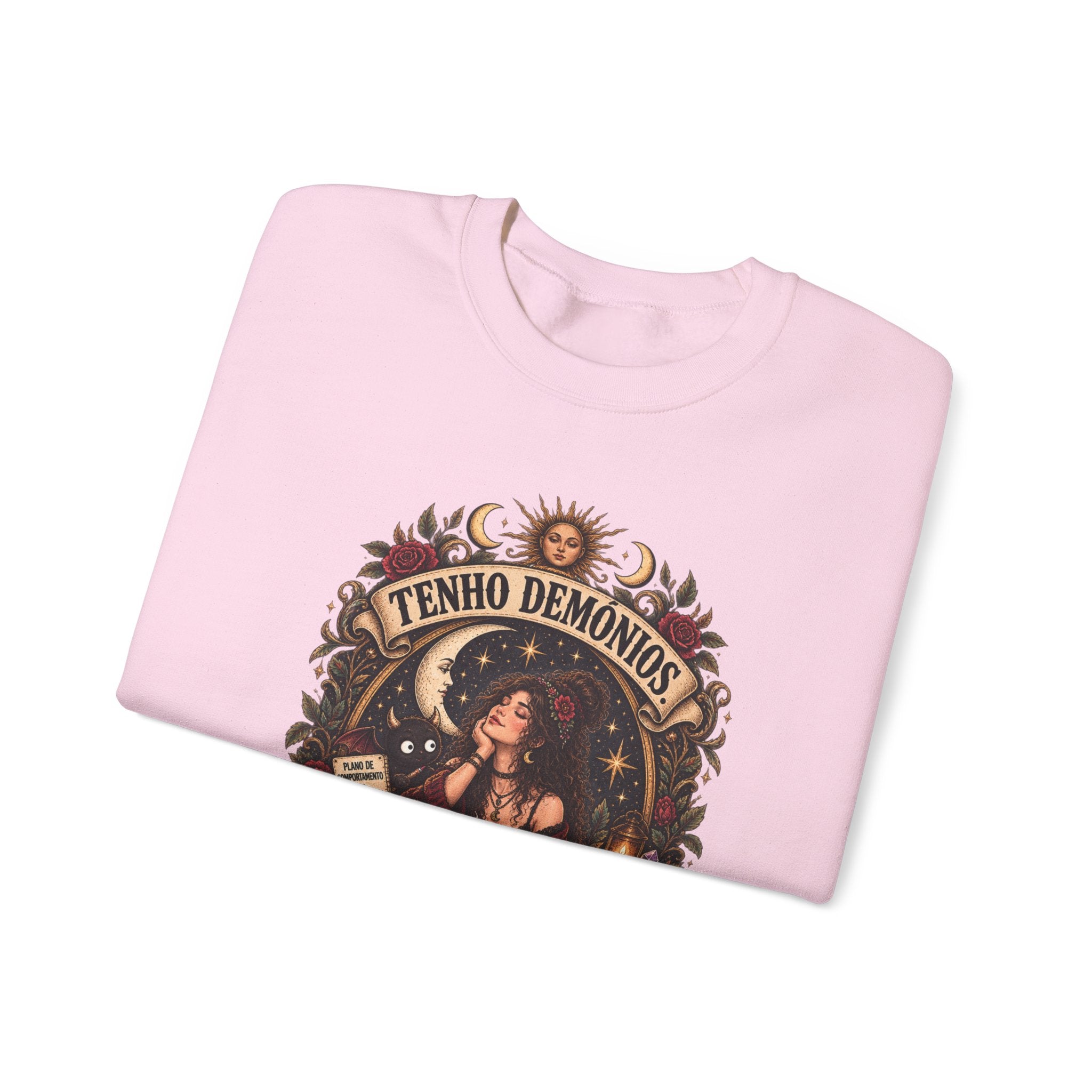 Crewneck Sweatshirt — 'Tenho Demônios Mas Estão Em Terapia' Witchy Occult Graphic