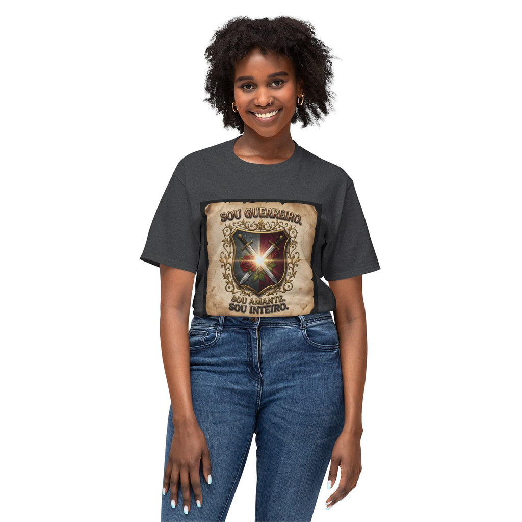 T-Shirt — 'Sou Guerreiro, Sou Amante, Sou Inteiro' Vintage Shield Graphic