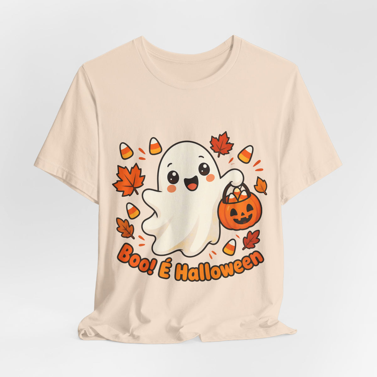 T-shirt Halloween Fantasma Fofo, Boo e Halloween, Doces Candy Corn, Design Duplo Frente e Verso