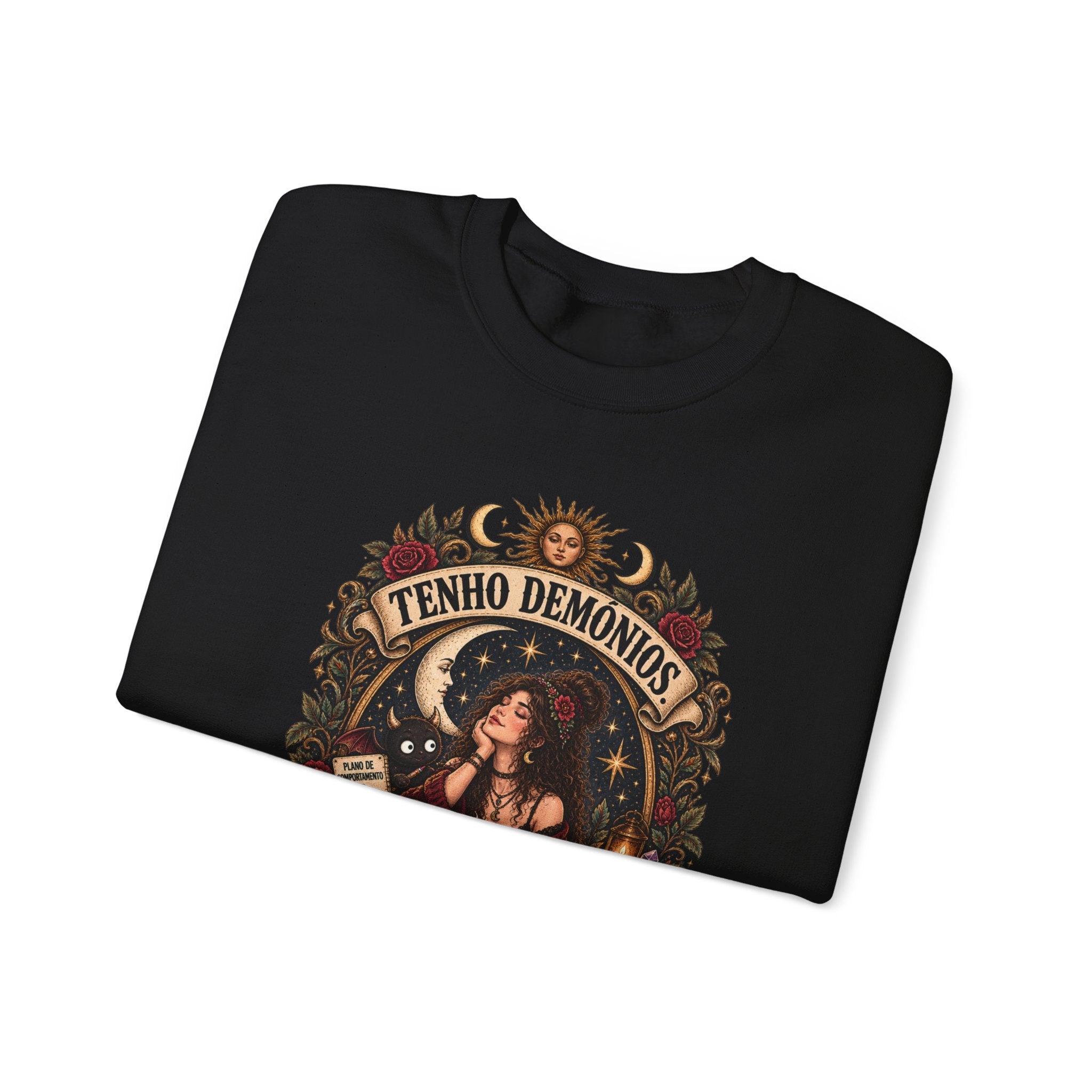 Crewneck Sweatshirt — 'Tenho Demônios Mas Estão Em Terapia' Witchy Occult Graphic