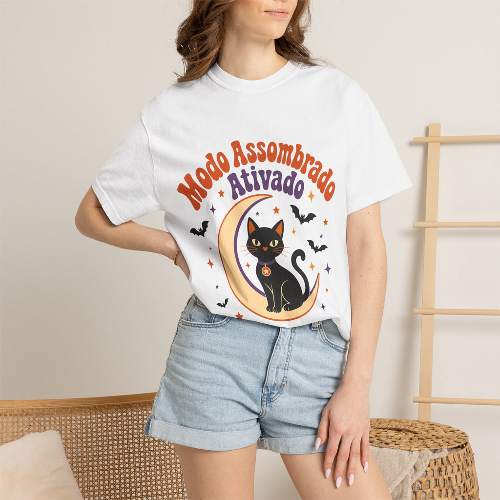 Modo Assombrado Ativado - T-shirt Halloween Gato Preto