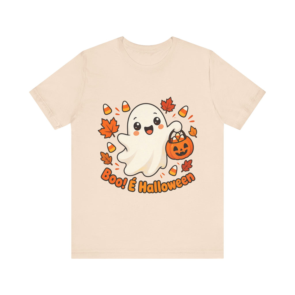 T-shirt Halloween Fantasma Fofo, Boo e Halloween, Doces Candy Corn, Design Duplo Frente e Verso