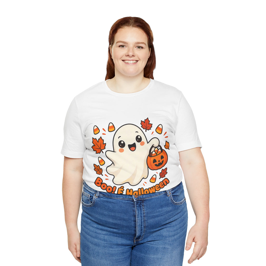 T-shirt Halloween Fantasma Fofo, Boo e Halloween, Doces Candy Corn, Design Duplo Frente e Verso