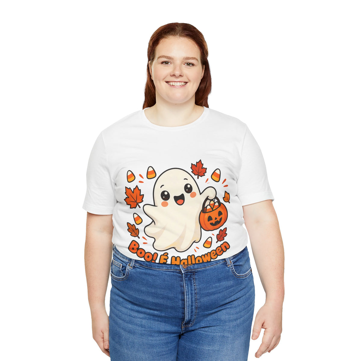 T-shirt Halloween Fantasma Fofo, Boo e Halloween, Doces Candy Corn, Design Duplo Frente e Verso