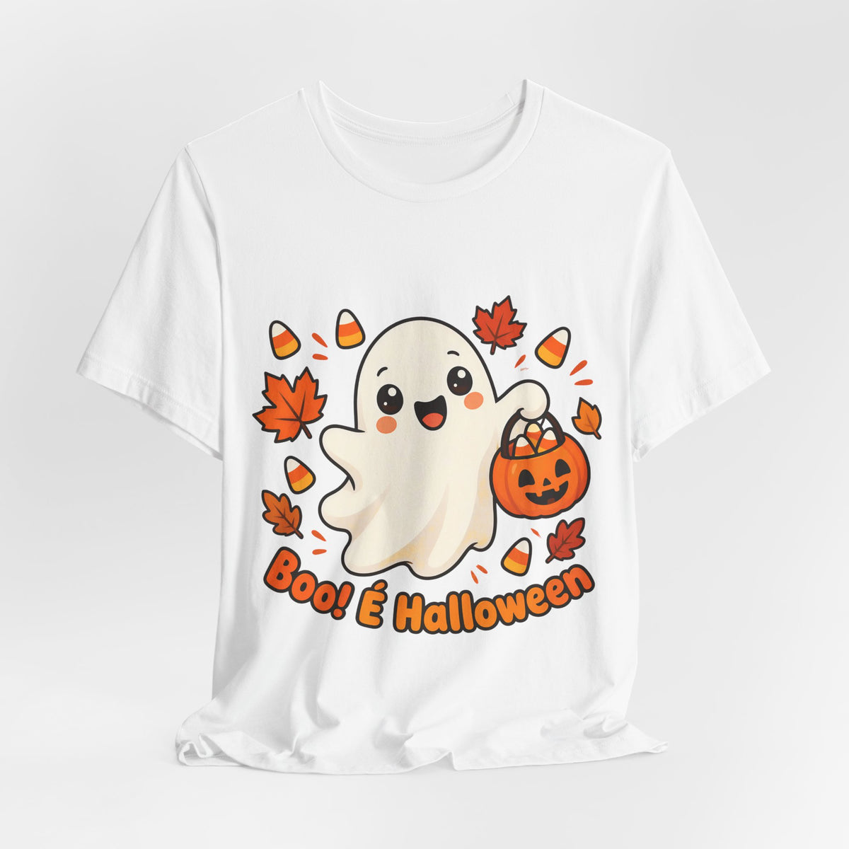 T-shirt Halloween Fantasma Fofo, Boo e Halloween, Doces Candy Corn, Design Duplo Frente e Verso
