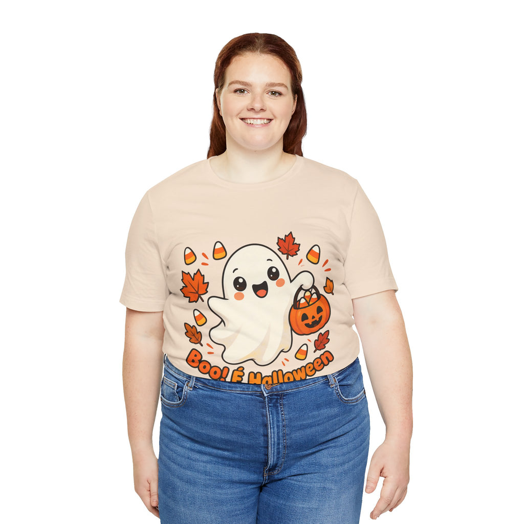 T-shirt Halloween Fantasma Fofo, Boo e Halloween, Doces Candy Corn, Design Duplo Frente e Verso