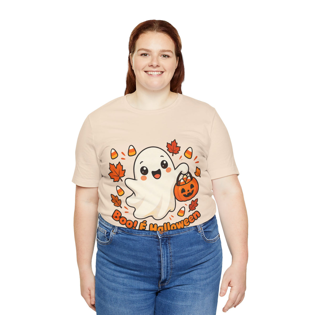 T-shirt Halloween Fantasma Fofo, Boo e Halloween, Doces Candy Corn, Design Duplo Frente e Verso