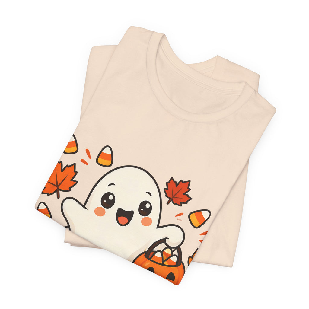 T-shirt Halloween Fantasma Fofo, Boo e Halloween, Doces Candy Corn, Design Duplo Frente e Verso