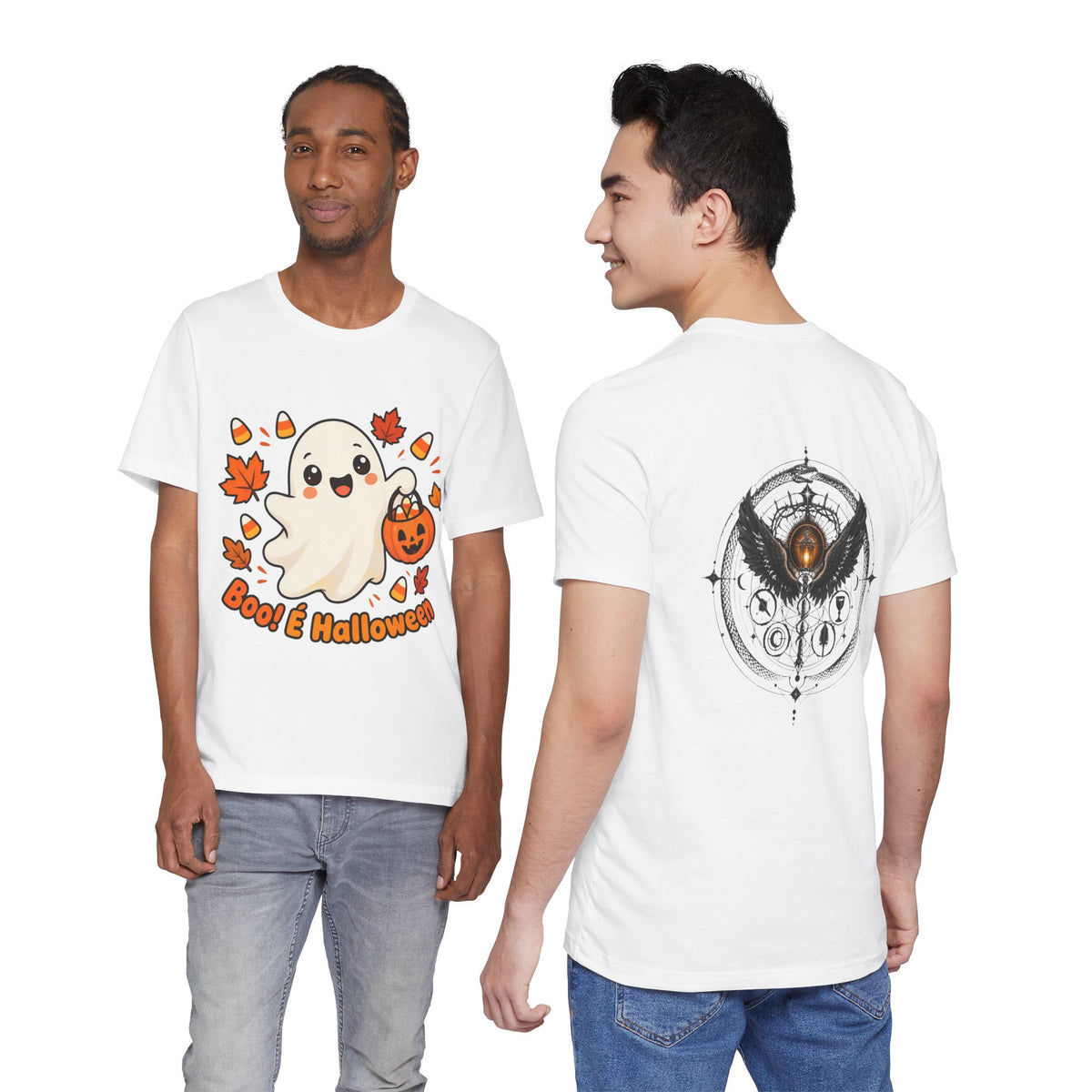 T-shirt Halloween Fantasma Fofo, Boo e Halloween, Doces Candy Corn, Design Duplo Frente e Verso