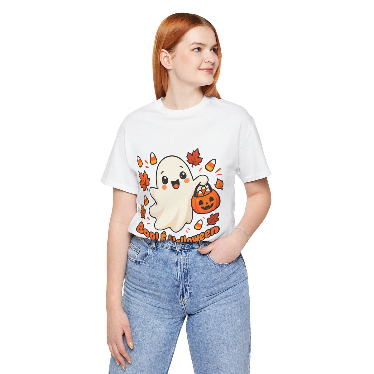 T-shirt Halloween Fantasma Fofo, Boo e Halloween, Doces Candy Corn, Design Duplo Frente e Verso
