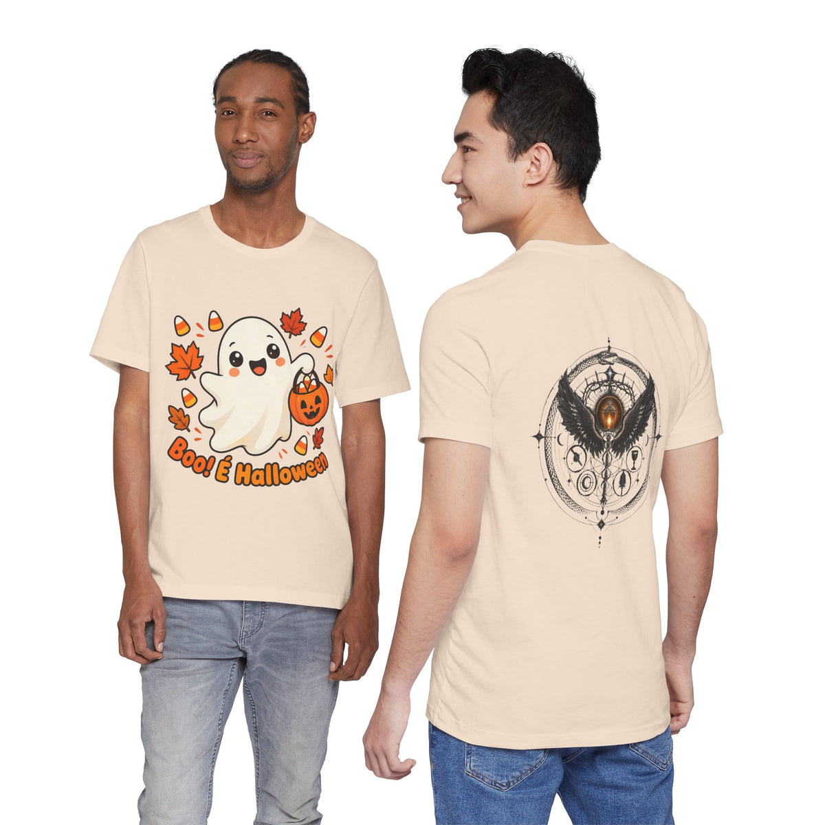 T-shirt Halloween Fantasma Fofo, Boo e Halloween, Doces Candy Corn, Design Duplo Frente e Verso