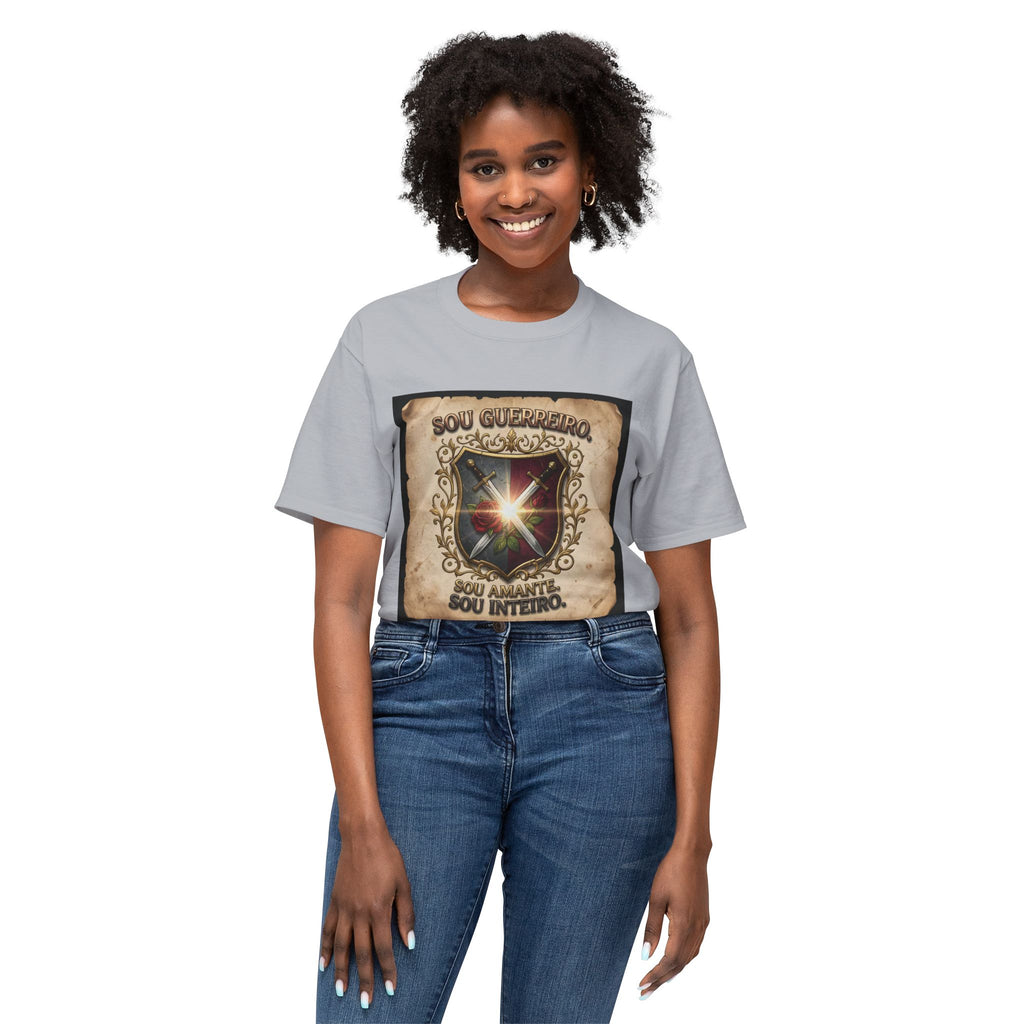 T-Shirt — 'Sou Guerreiro, Sou Amante, Sou Inteiro' Vintage Shield Graphic