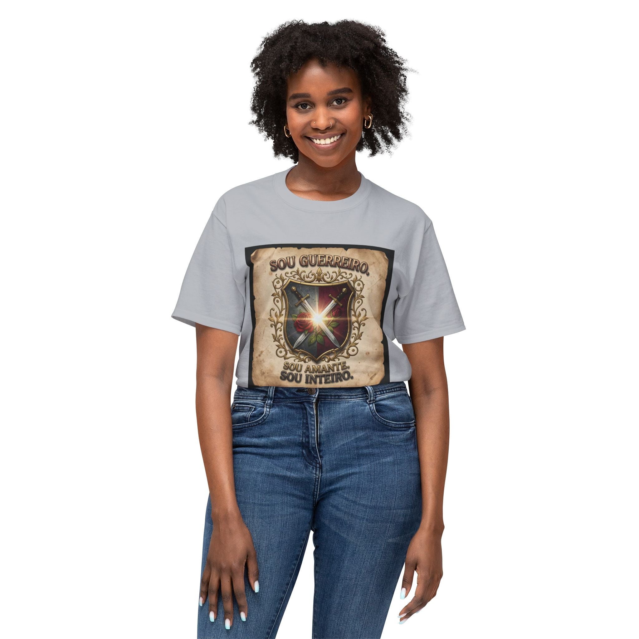T-Shirt — 'Sou Guerreiro, Sou Amante, Sou Inteiro' Vintage Shield Graphic