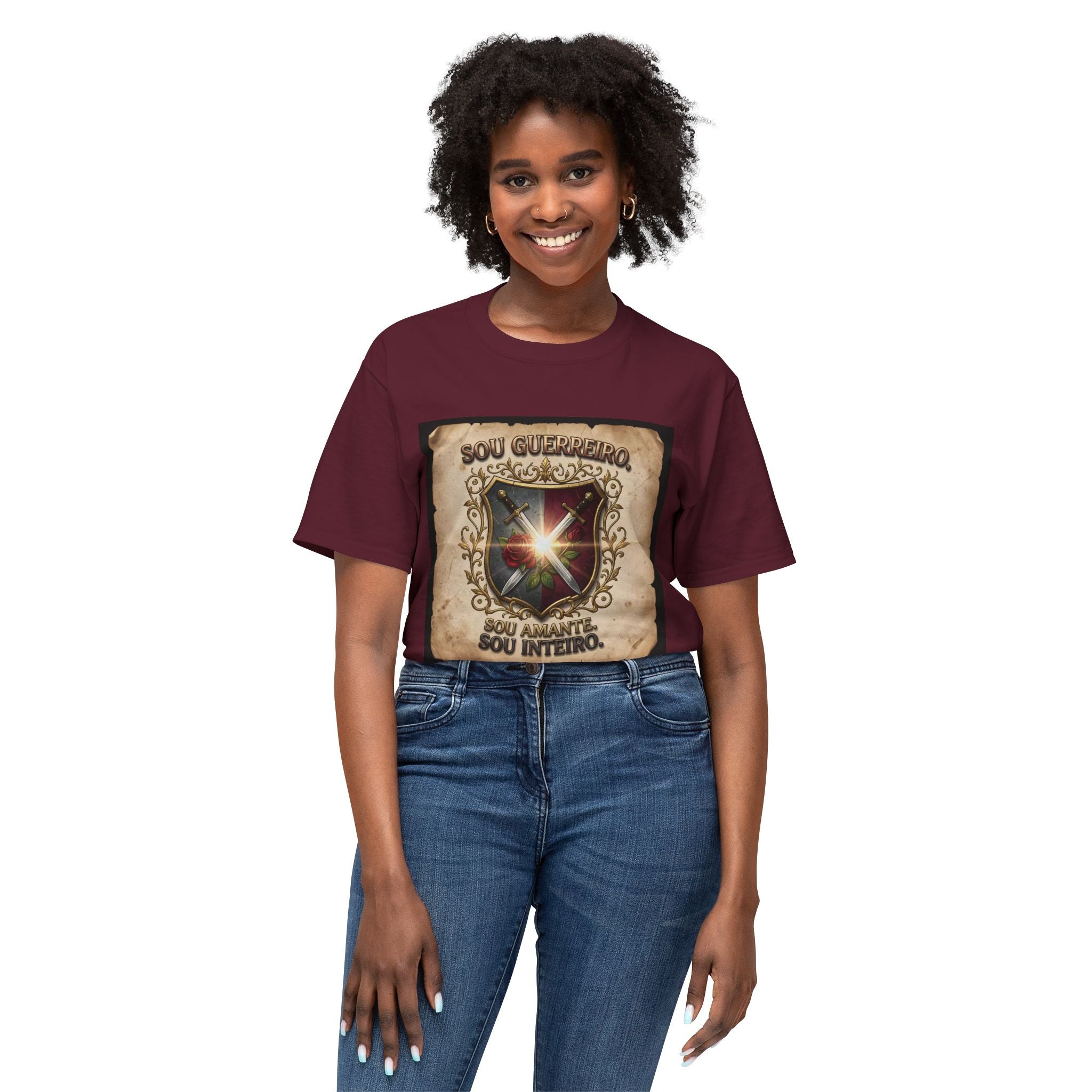 T-Shirt — 'Sou Guerreiro, Sou Amante, Sou Inteiro' Vintage Shield Graphic