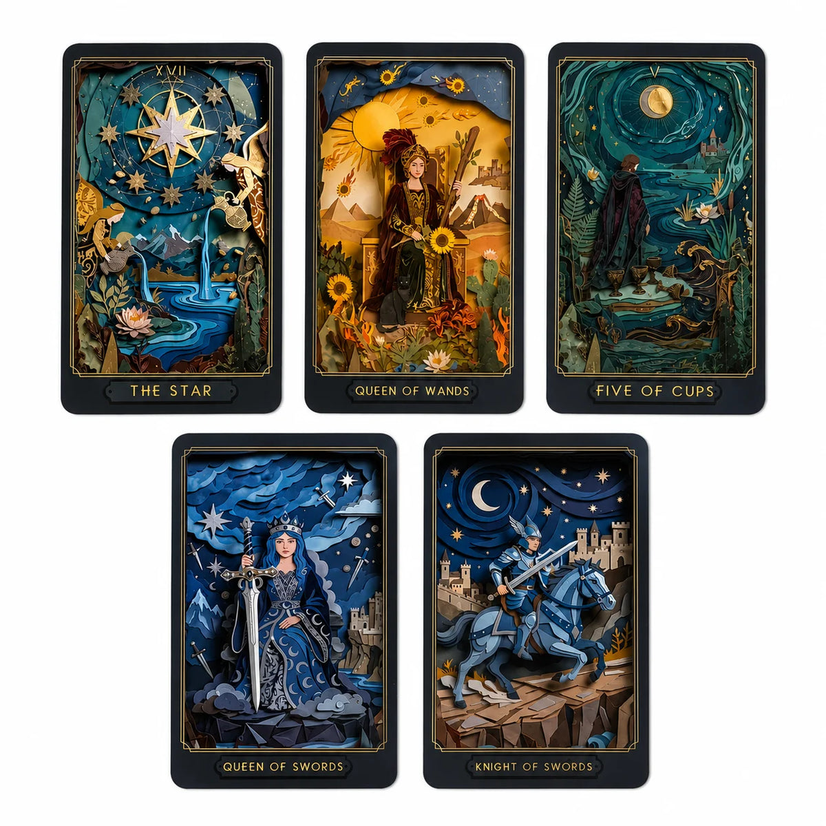 Tarot Era Dourada 78 Cartas — Arte em Papel Recortado