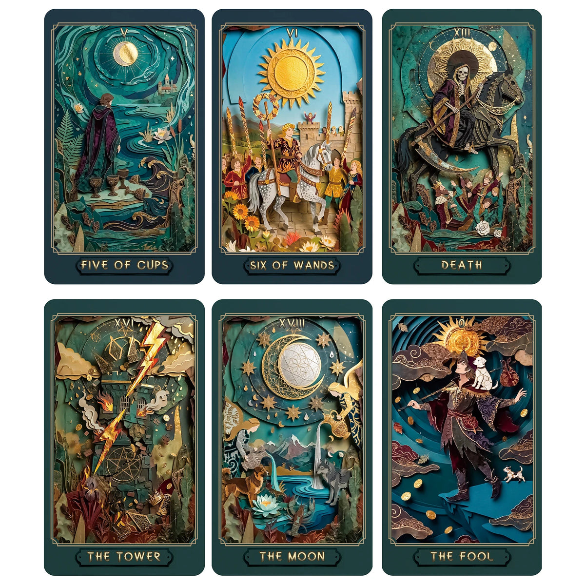 Tarot Era Dourada 78 Cartas — Arte em Papel Recortado