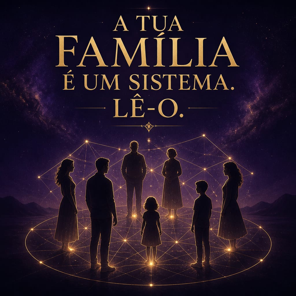 Mapa do sistema familiar — constelação simbólica de uma família ligada por linhas douradas