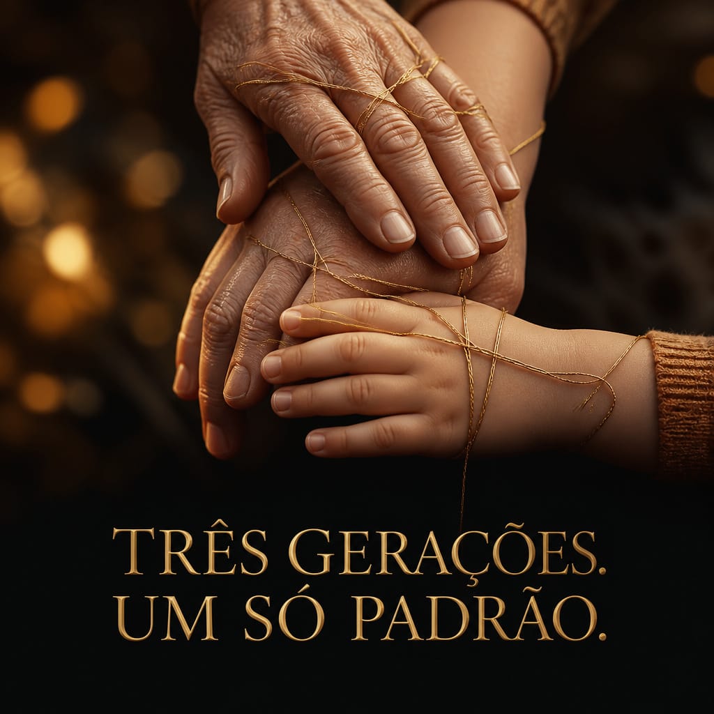 Sinastria familiar — três gerações de mãos entrelaçadas simbolizando ligação e cura ancestral